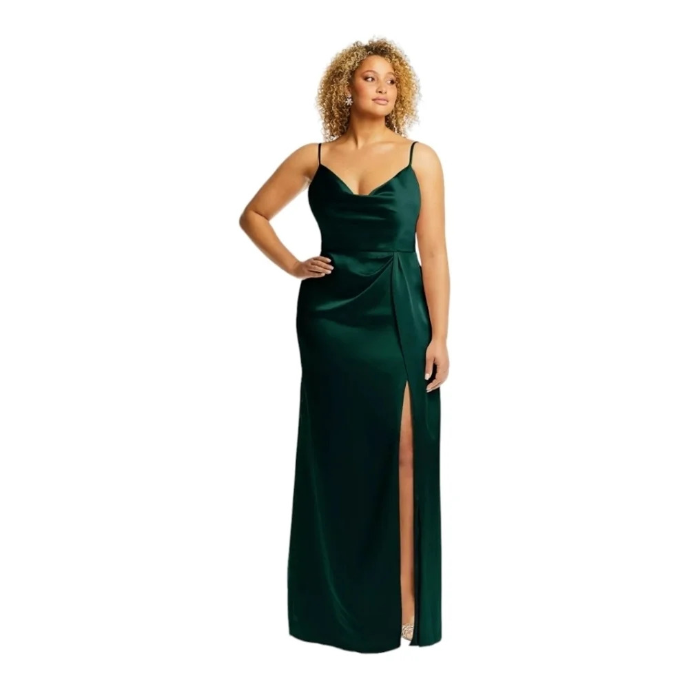 Dessy Collection Cowl-Neck Draped  Wrap Maxi Dress With Front Slit In Evergreen - Picture 4 of 8